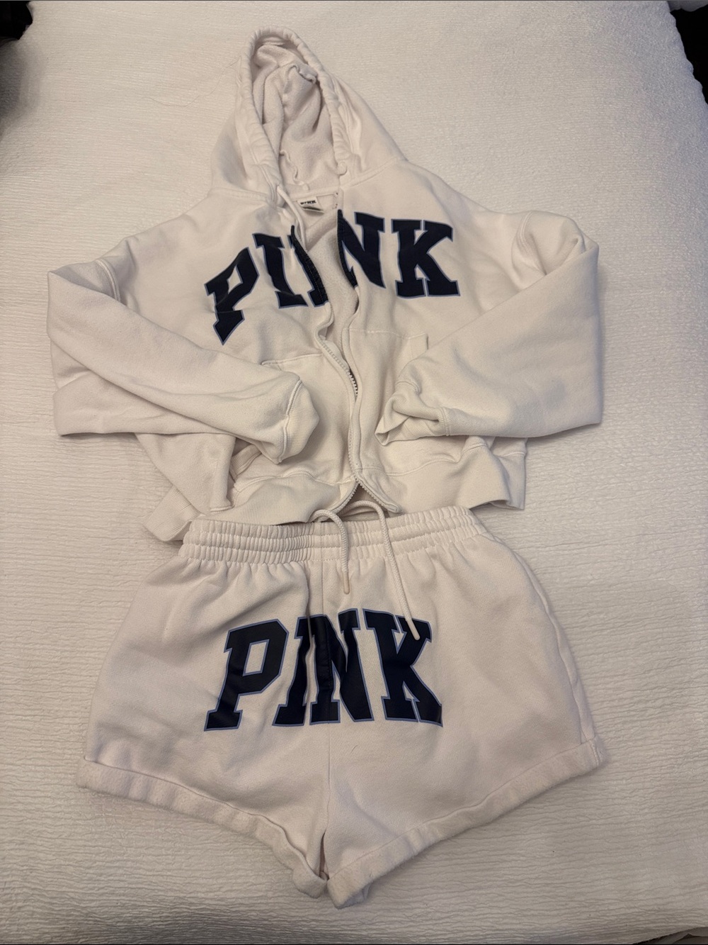 PINK Victoria's Secret White Hoodie & Shorts Lounge Pajama Set with Navy Logo